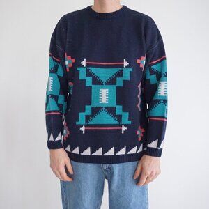 Vintage '80s B.E-Z Navy Teal Aztec Biggie Cosby Chunky Knit Crewneck Sweater L